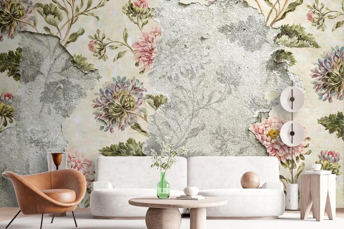 Peeling Floral Wallpaper On Concrete Wallpaper Mural