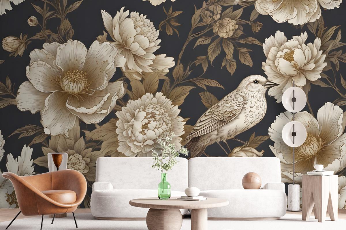 Peony Flowers With Bird Wallpaper Mural