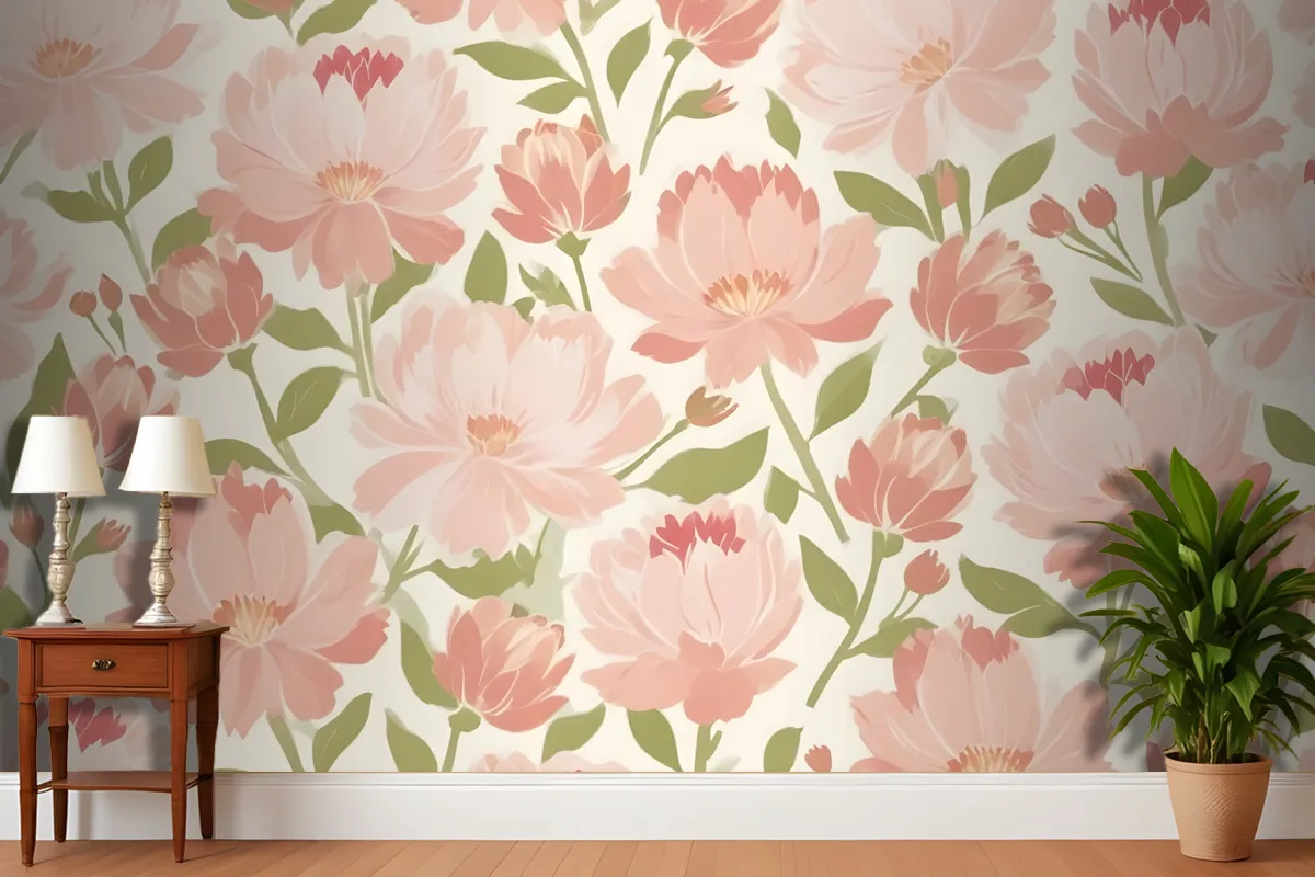 Pink And Peach Flowers With Green Leaves On A Light Wallpaper Mural