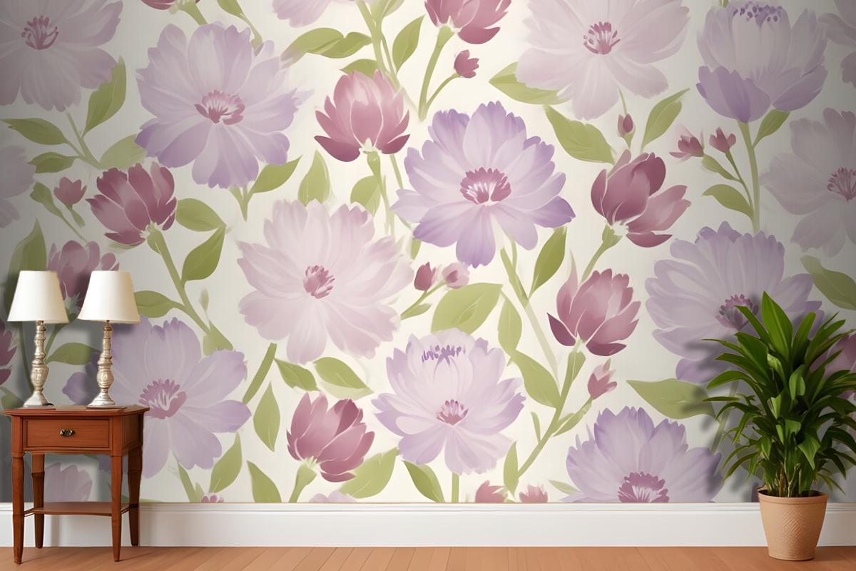 Pink And Purple Flowers With Green Leaves On A Light Wallpaper Mural