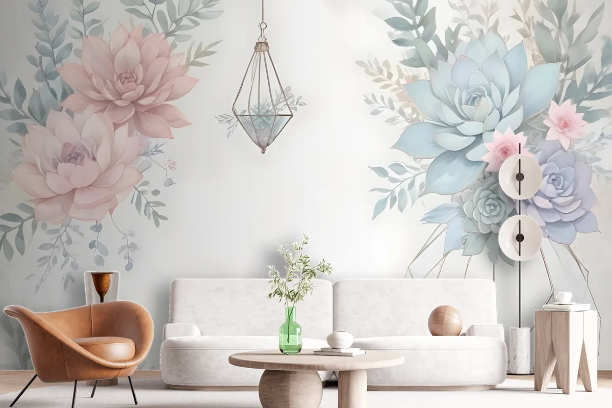 Pink Blue Soft Floral Wallpaper Mural