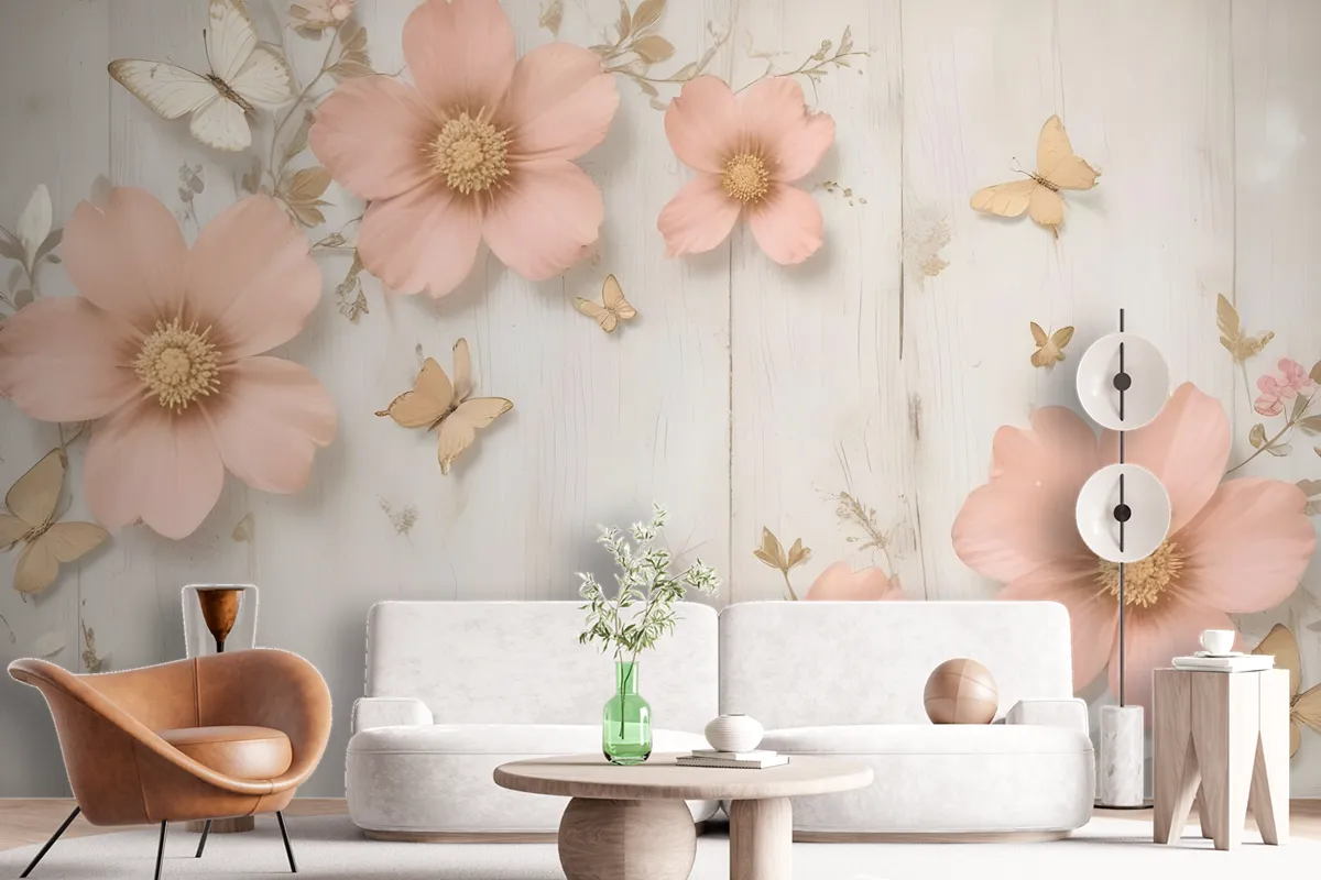 Pink Diamond Daisy With Butterflies Wallpaper Mural