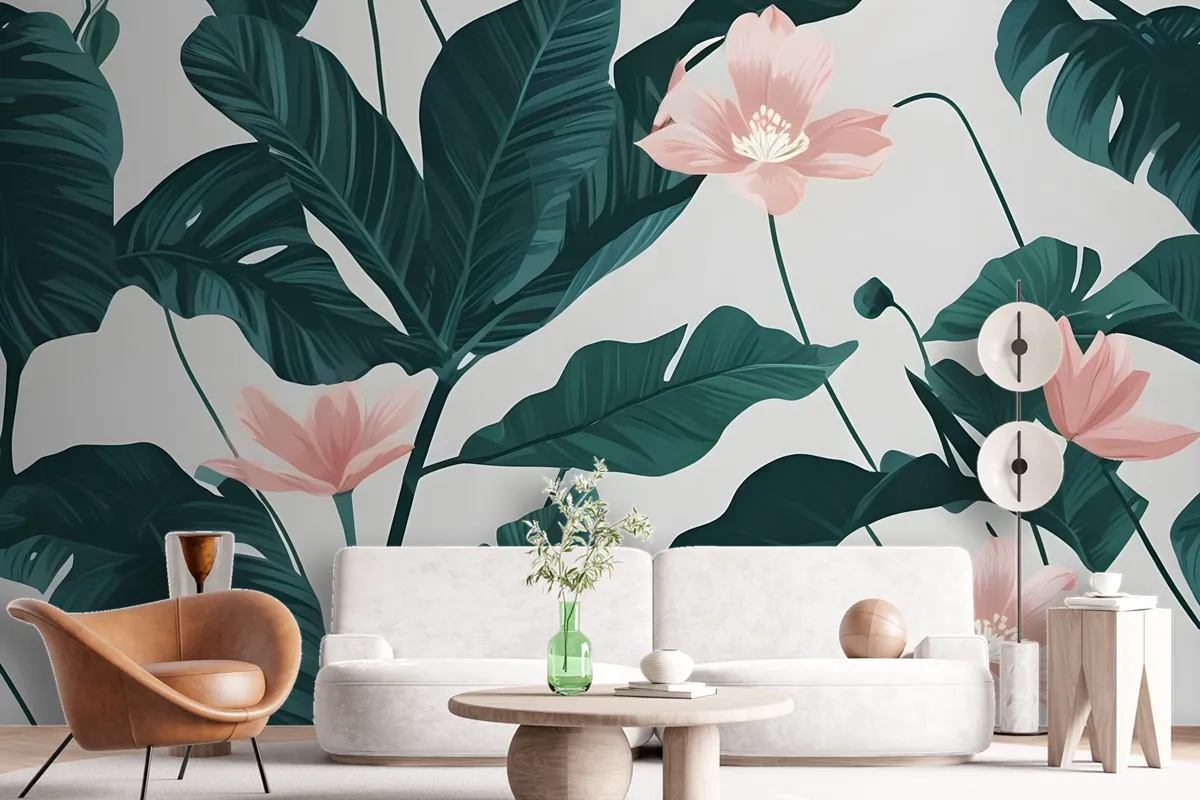 Pink Flower And Leaves Wallpaper Mural