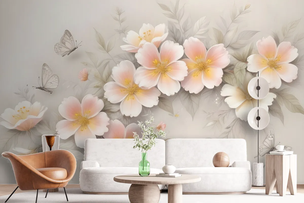 Pink Flower And White Butterfly Wallpaper Mural