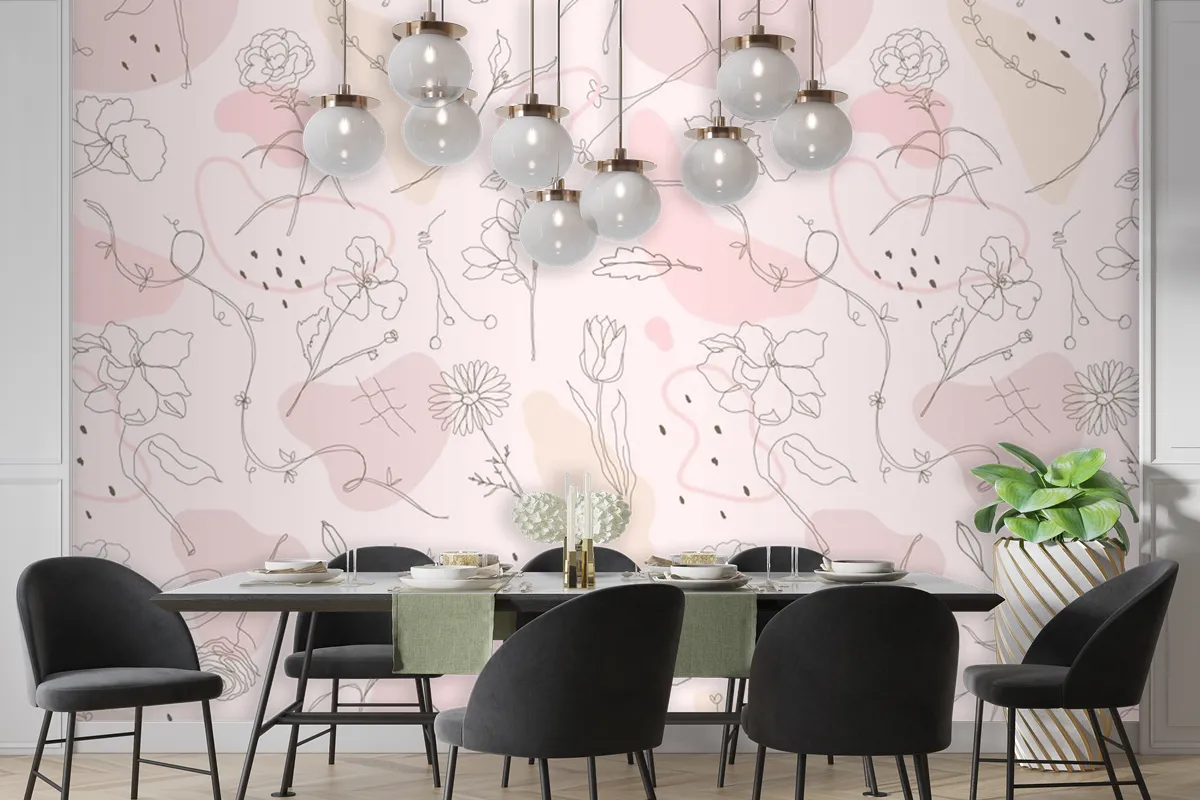 Pink Flower Pattern Wallpaper Hand Drawn Style Wallpaper Mural