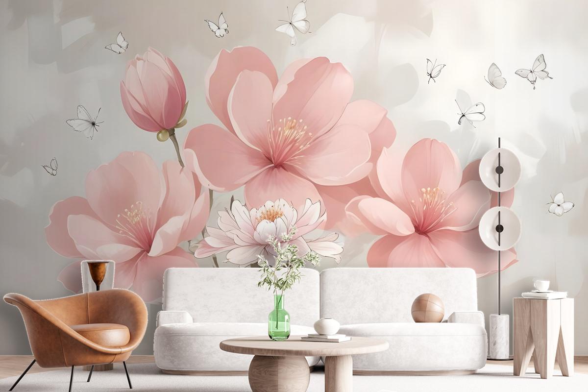 Pink Hdrangea Floral With Little Butterfly Wallpaper Mural