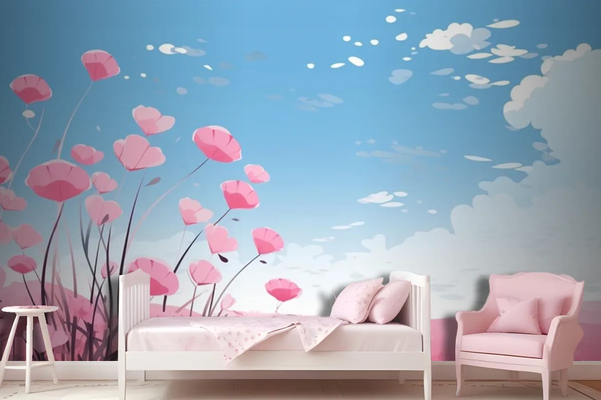 Pink Hearts In The Sky With Flowers And Clouds Wallpaper Mural