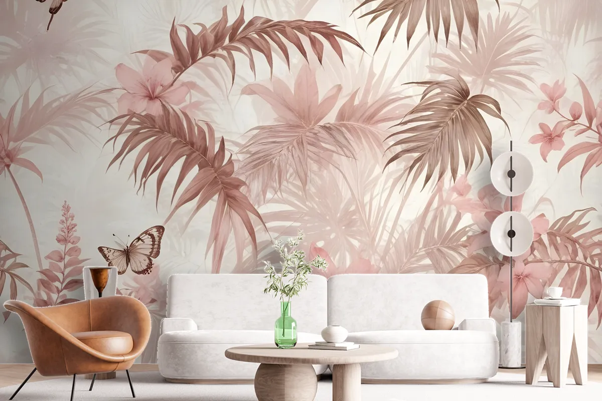 Pink Leaf And Blossom Wallpaper Mural