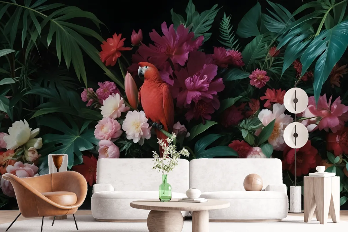 Red Parrot With Colorful Floral Wallpaper Mural