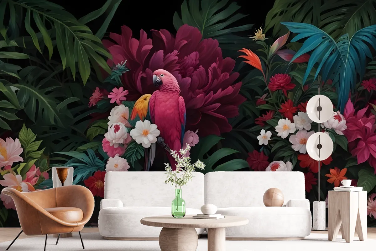 Pink Parrot With Colorful Floral Wallpaper Mural