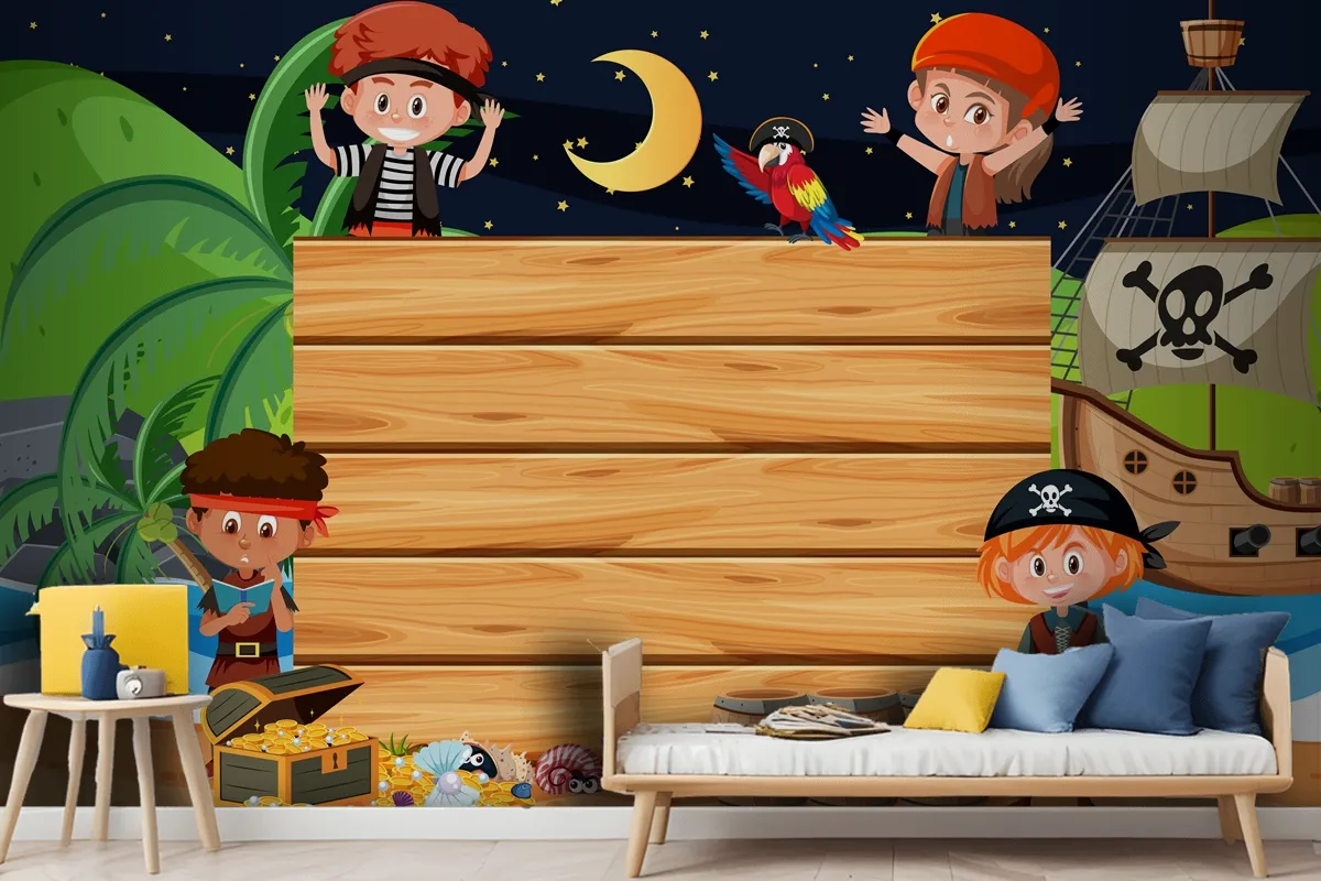 Pirate Kids At The Beach Night Scene With An Empty Wooden Wallpaper Mural