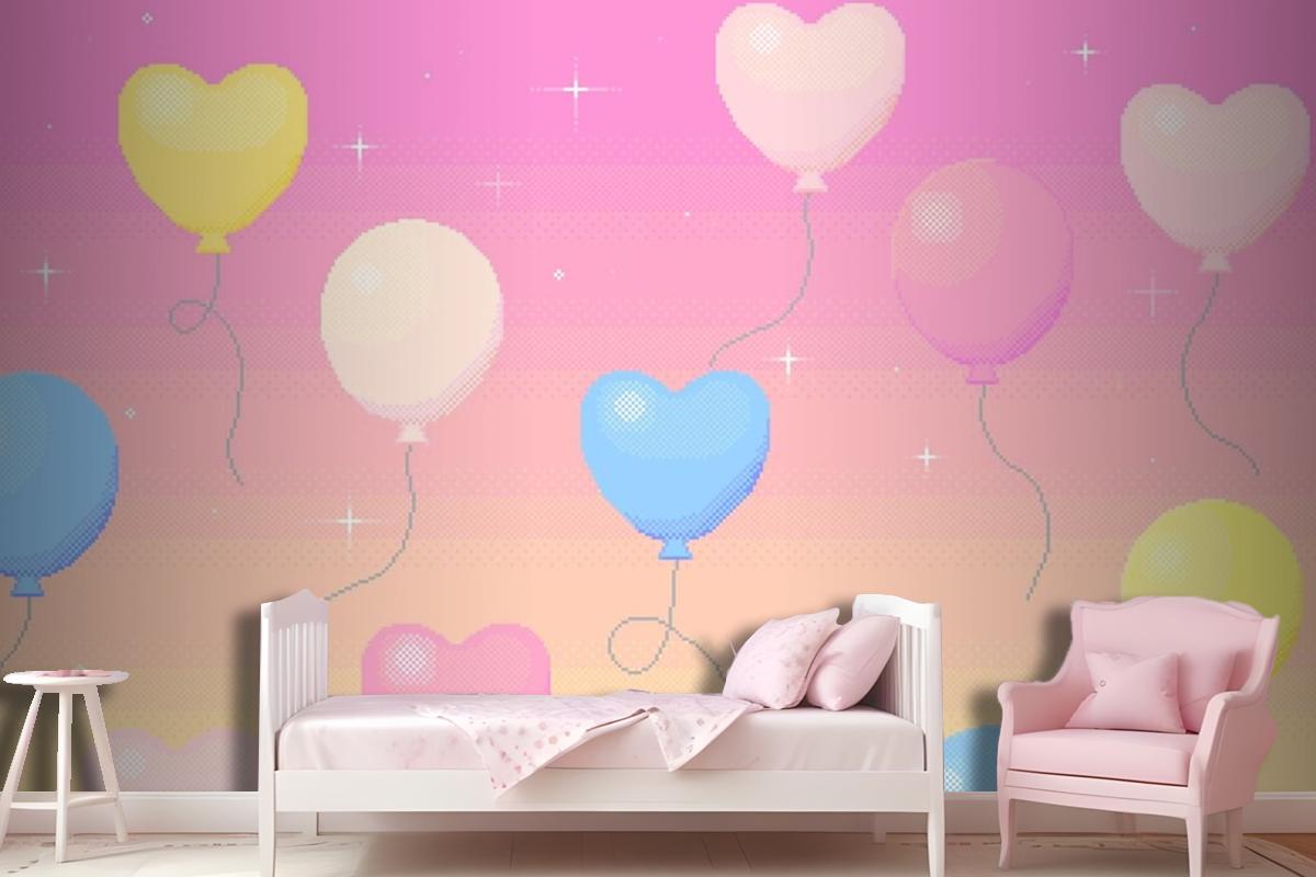 Pixel Art Background Of Balloons Flying In The Dreamy Sky Wallpaper Mural