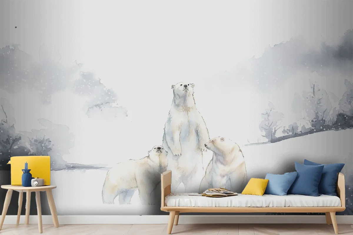 Polar Bears In The Snow Watercolor Wallpaper Mural