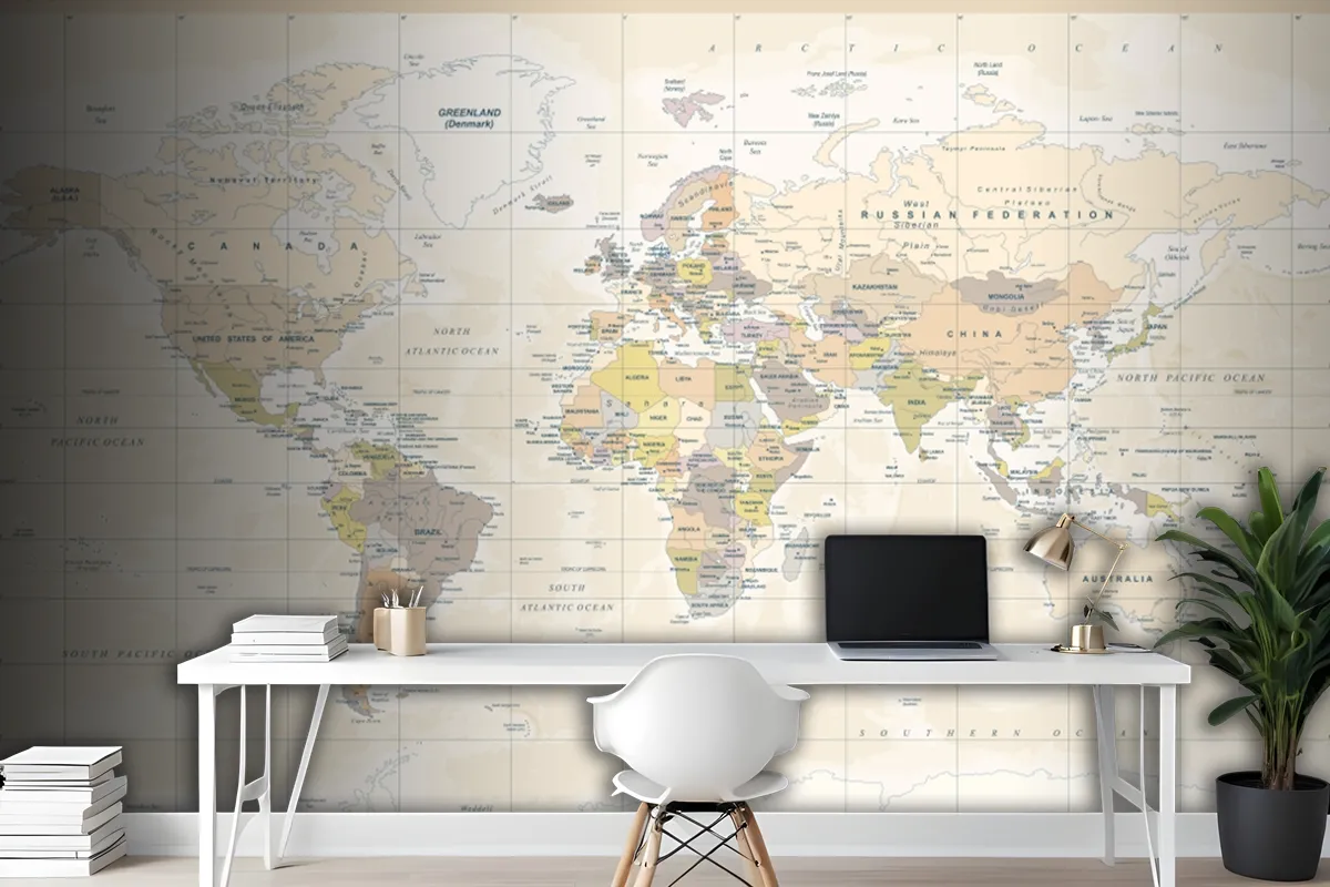 Political Physical Topographic Colored World Map Wallpaper Mural