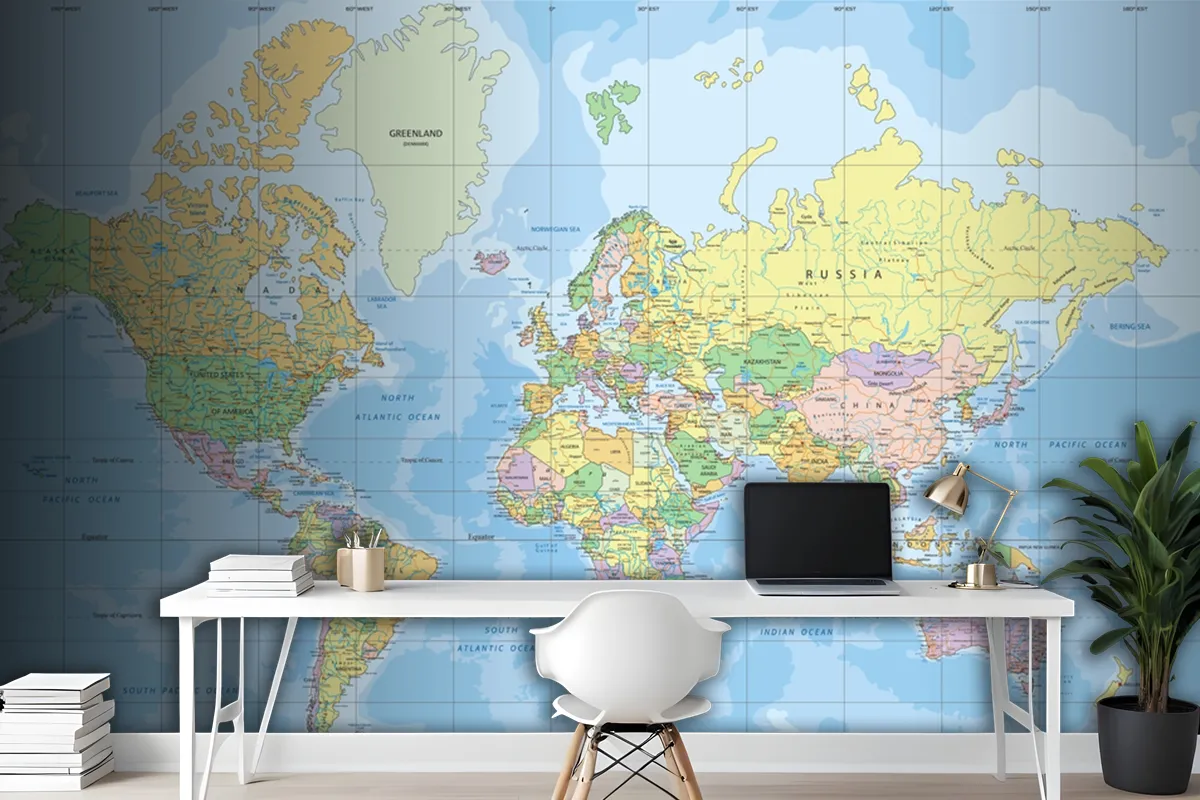 Political World Map In Mercator Projection Wallpaper Mural