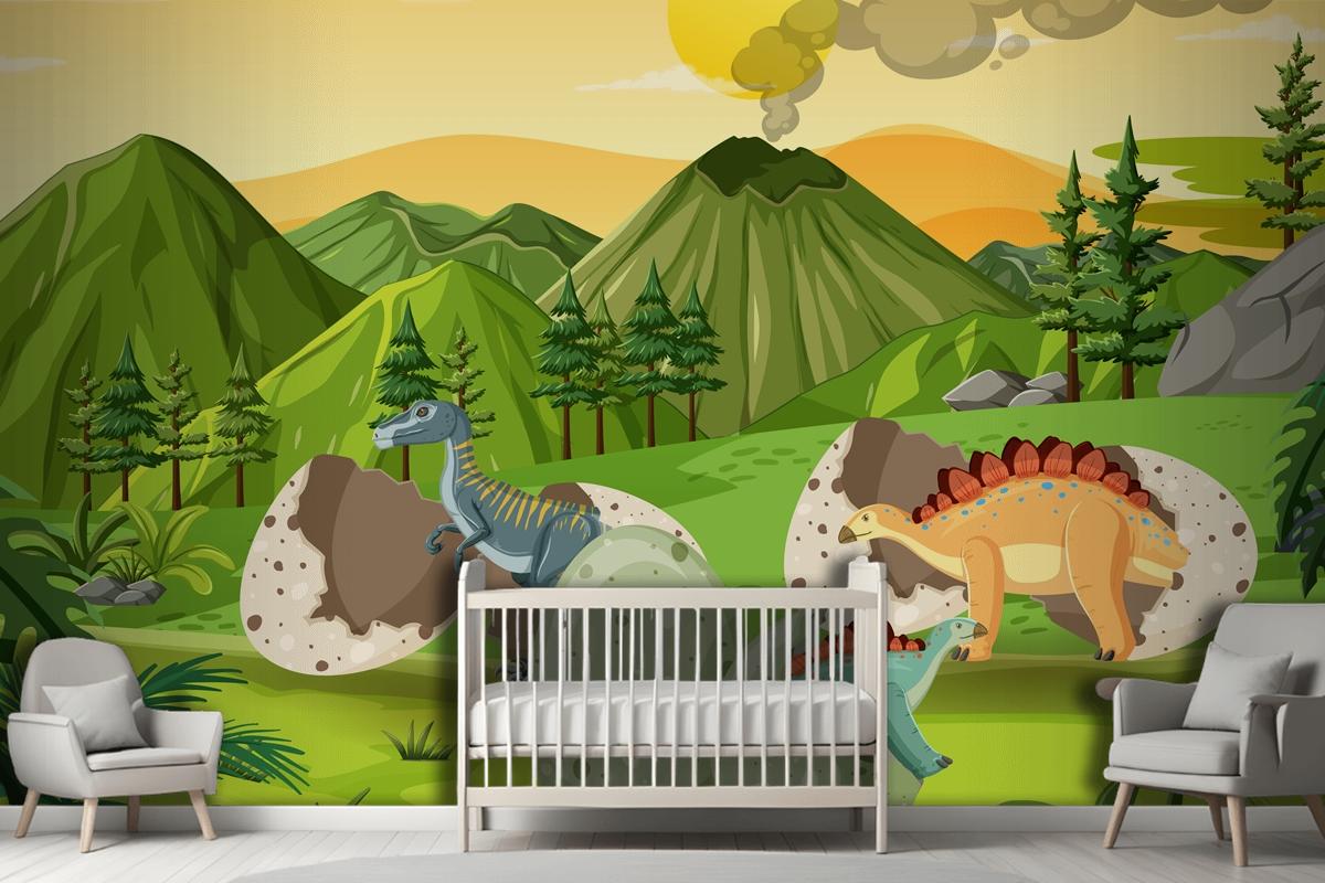 Prehistoric Forest With Dinosaur Cartoon Kids Wallpaper Mural