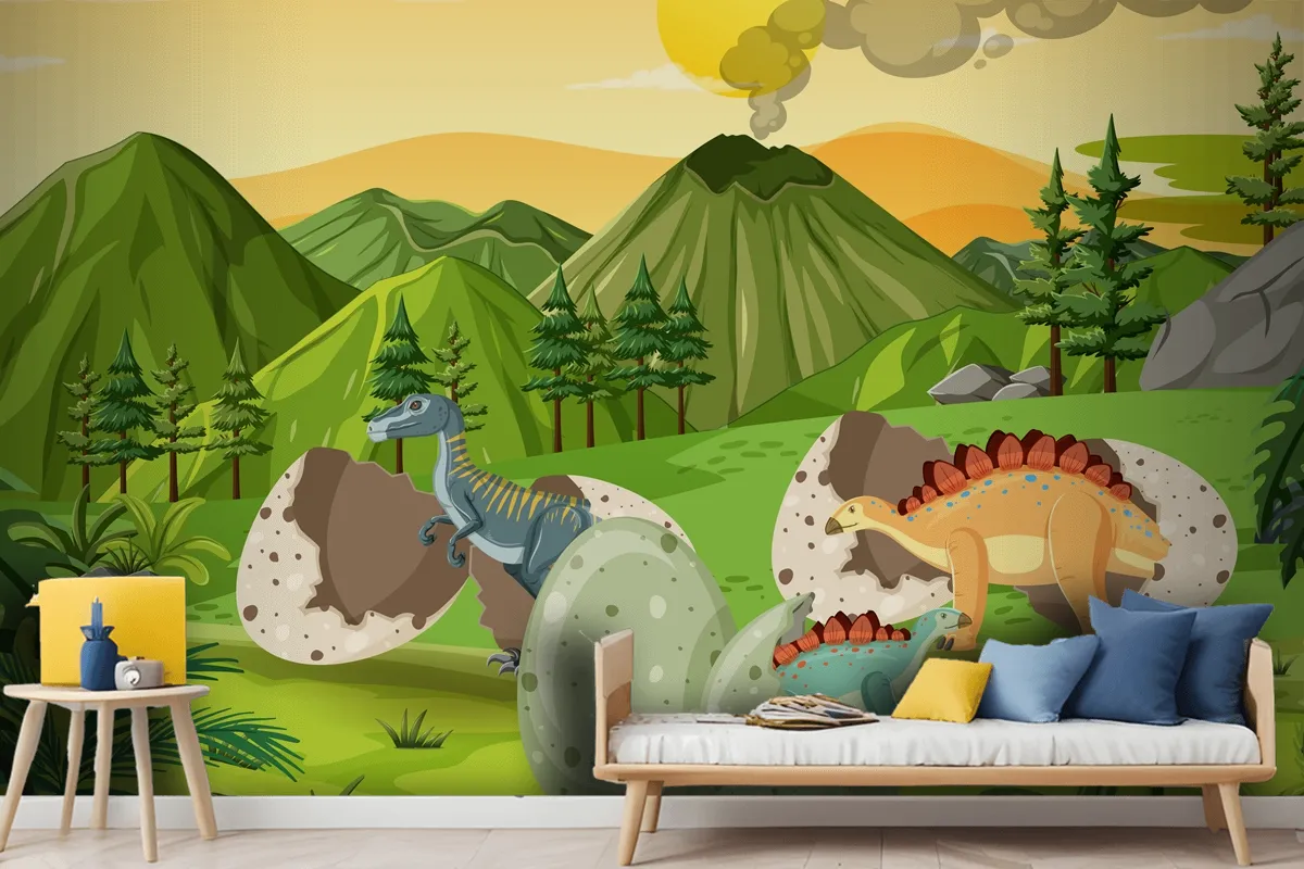 Prehistoric Forest With Dinosaur Cartoon Kids Wallpaper Mural