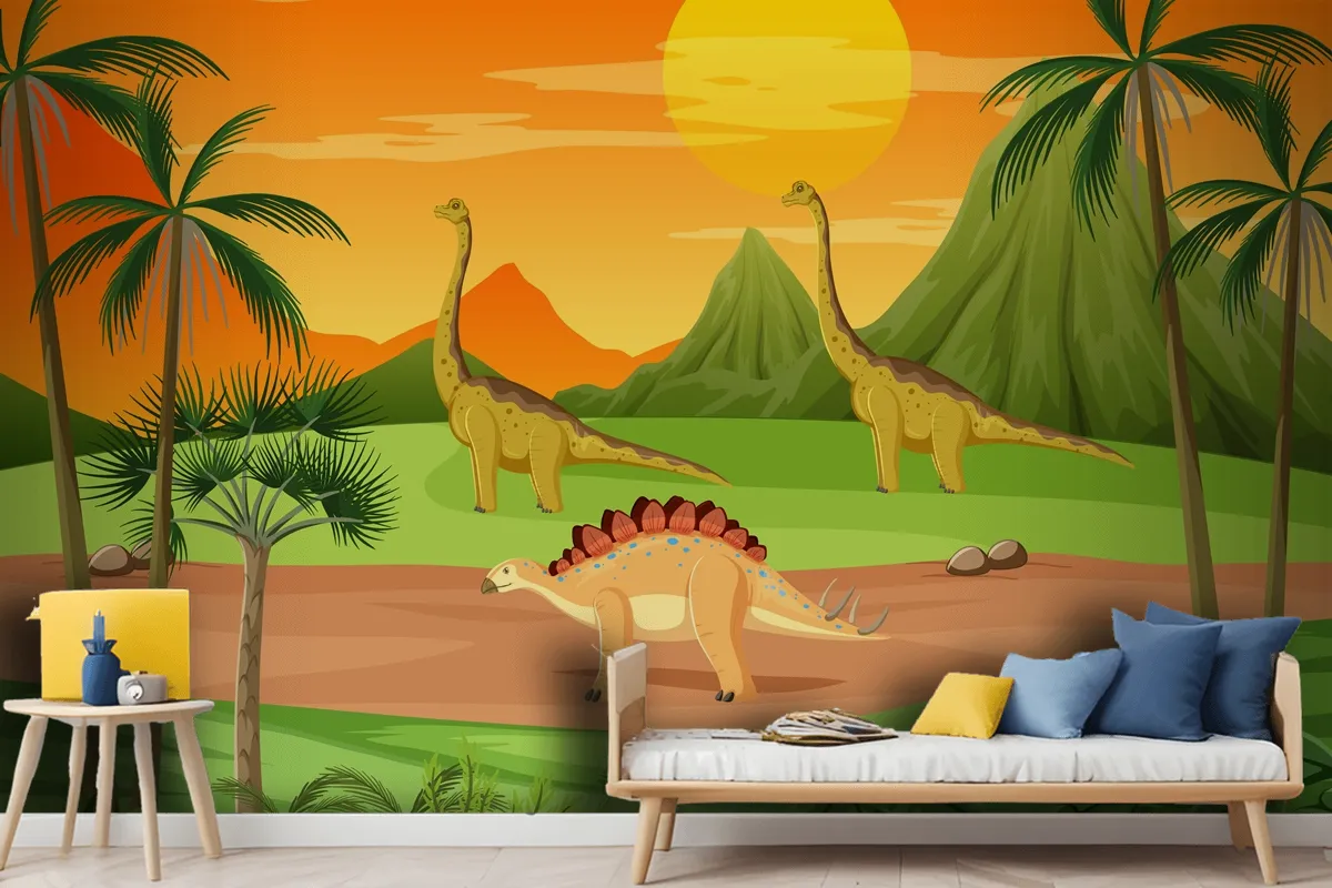 Prehistoric Forest With Dinosaur Cartoon Wallpaper Mural