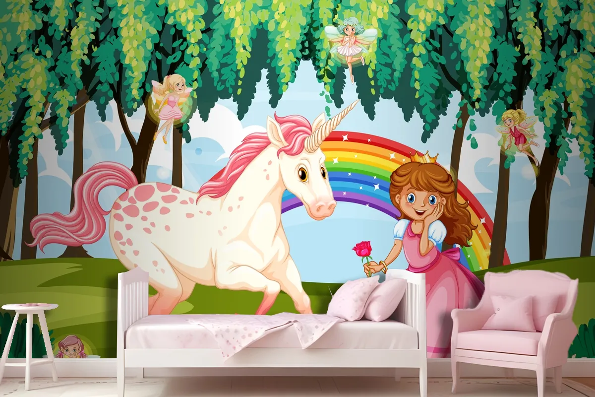 Princess And Unicorn In Enchanted Forest Background Wallpaper Mural