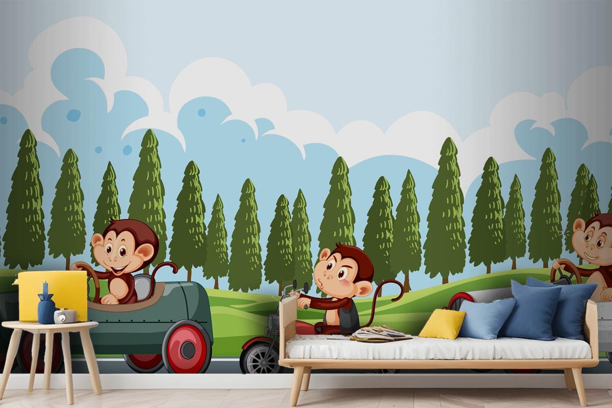 Race Track Scene With Monkey Racing Drivers Wallpaper Mural