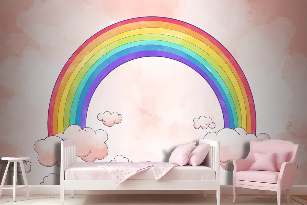 Rainbow With Clouds Watercolor Style Wallpaper Mural