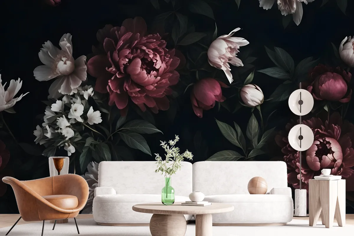 Realistic Dark Peony Floral Bouquet Wallpaper Mural