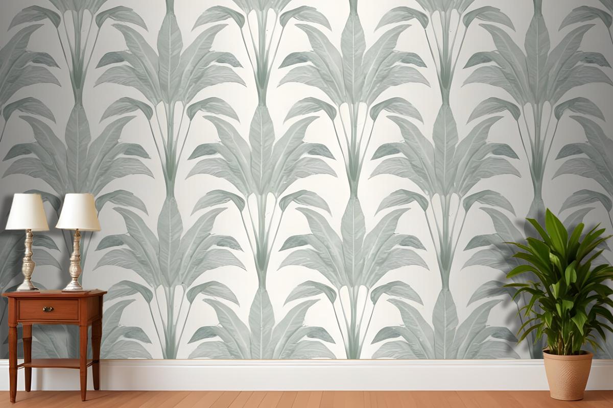 Repeating Pattern Of Large Green Palm Leaves Or Fronds Against A Light Gray Wallpaper Mural