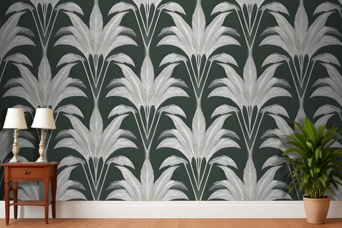 Repeating Pattern Of Leaflike Shapes In Shades Of Gray And White Against A Dark Green Wallpaper Mural