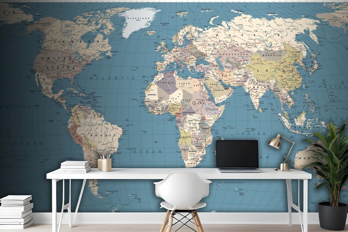 Retro Color World Map Borders Countries Roads And Cities Wallpaper Mural