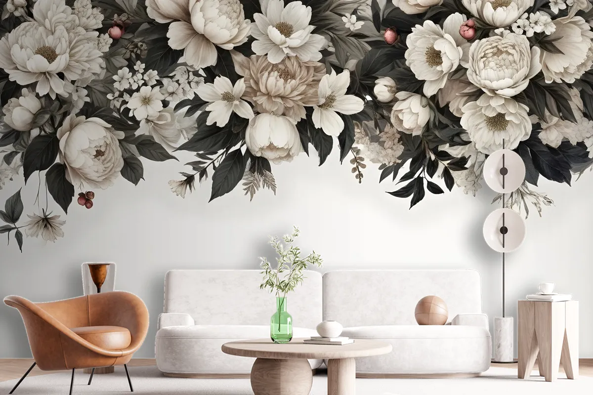 Retro Dark White Flowers Wallpaper Mural