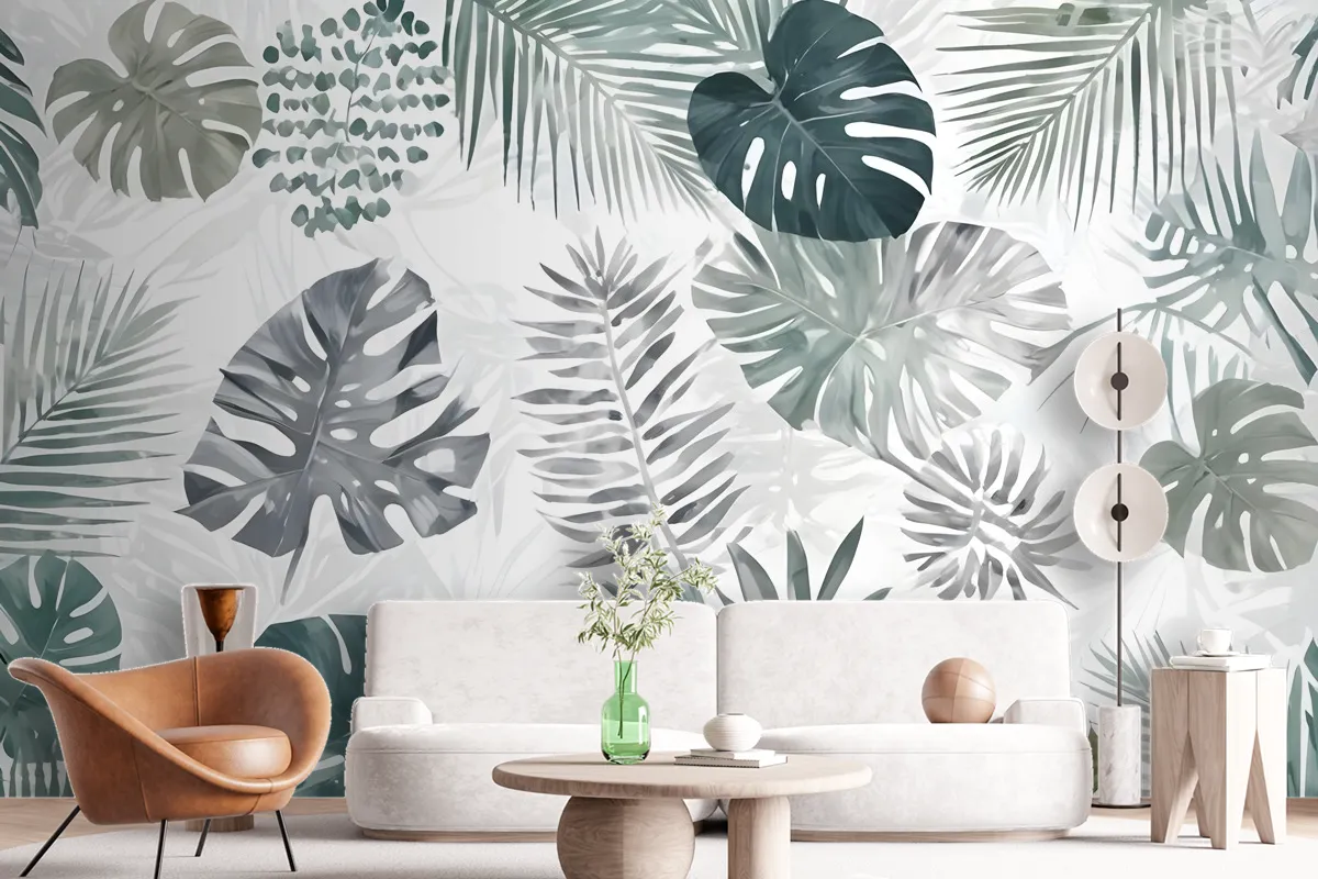 Retro Tropical Leaf Pattern Wallpaper Mural