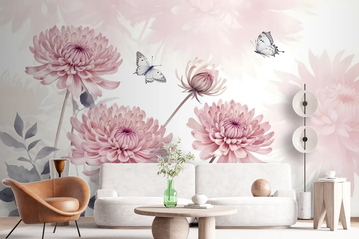 Retro Watercolor Pink Dandelion Flower Art Wallpaper Mural