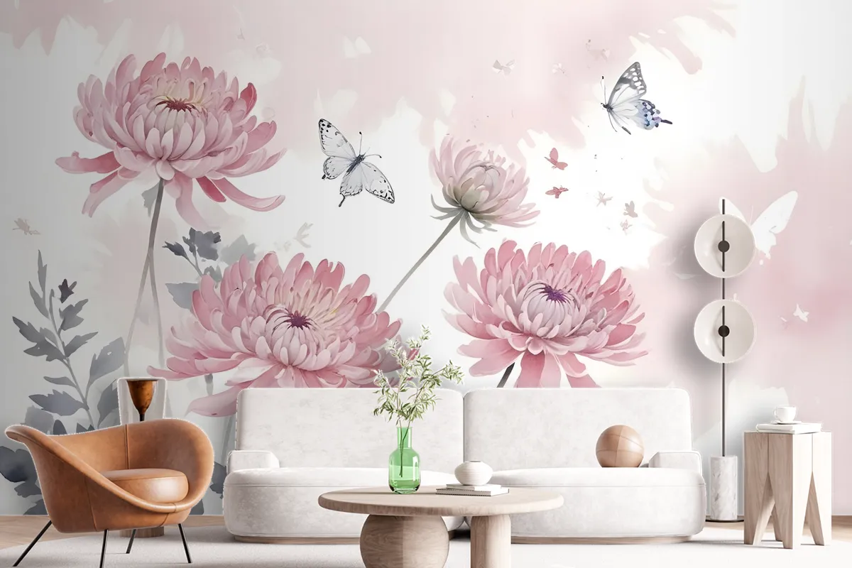 Retro Watercolor Pink Dandelion Flower Art Wallpaper Mural