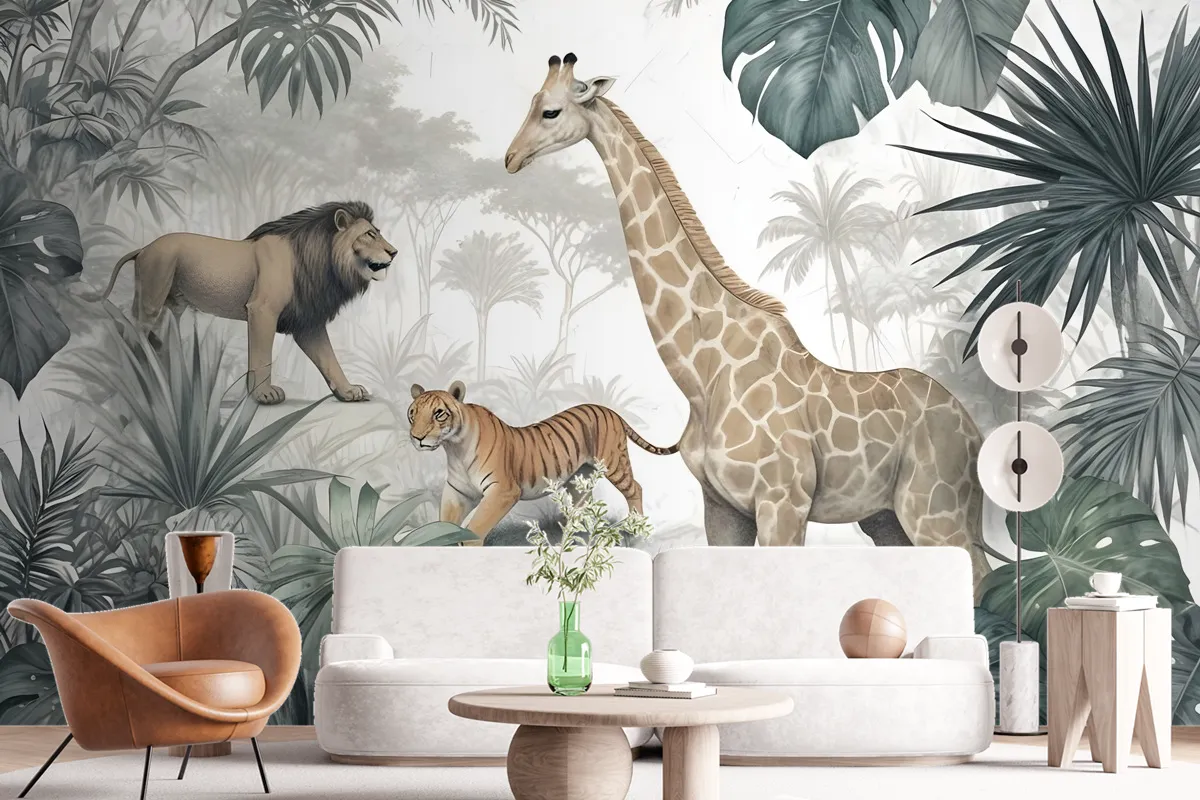 Retro Wild Animals With Tropical Leaves Wallpaper Mural