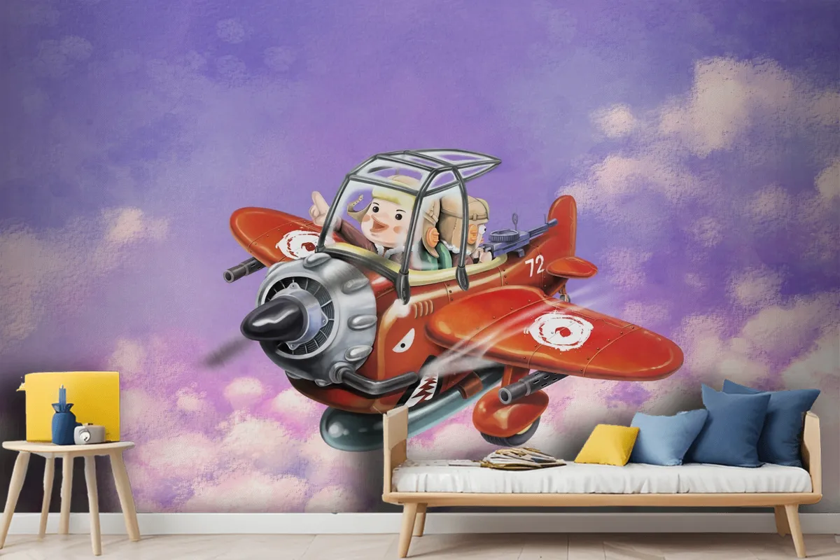 Riding A Red Plane Fly In The Sky Two Aviators Wallpaper Mural