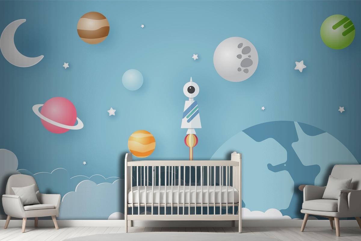 Rocket Is Surrounded By Various Celestial Objects Such As Planets Wallpaper Mural