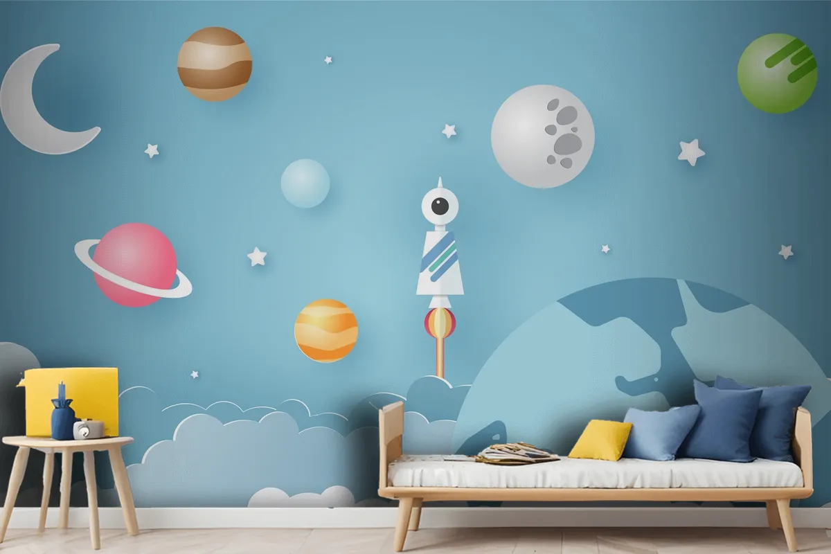 Rocket Is Surrounded By Various Celestial Objects Such As Planets Wallpaper Mural