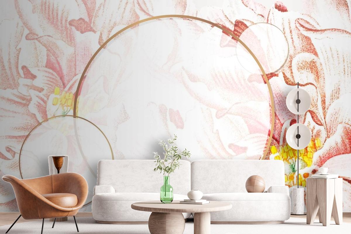 Round Floral Peony Frame Wallpaper Mural