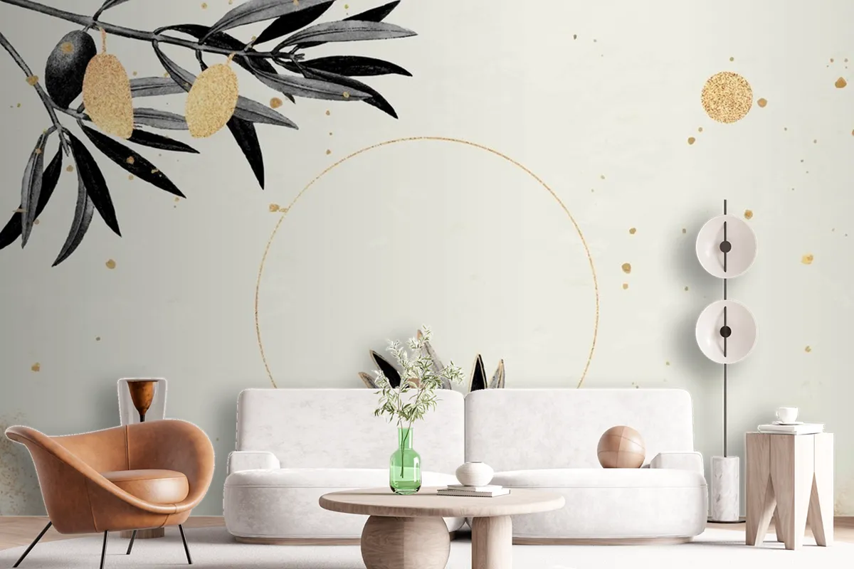 Round Gold Frame With Olive Branches Wallpaper Mural