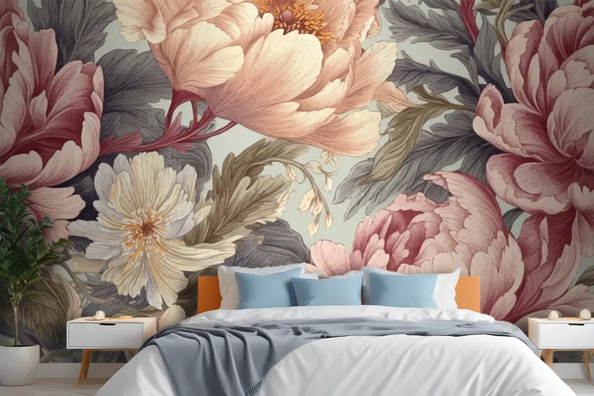 Seamless Boho Floral Pattern With Pink Peony Flowers Wallpaper Mural