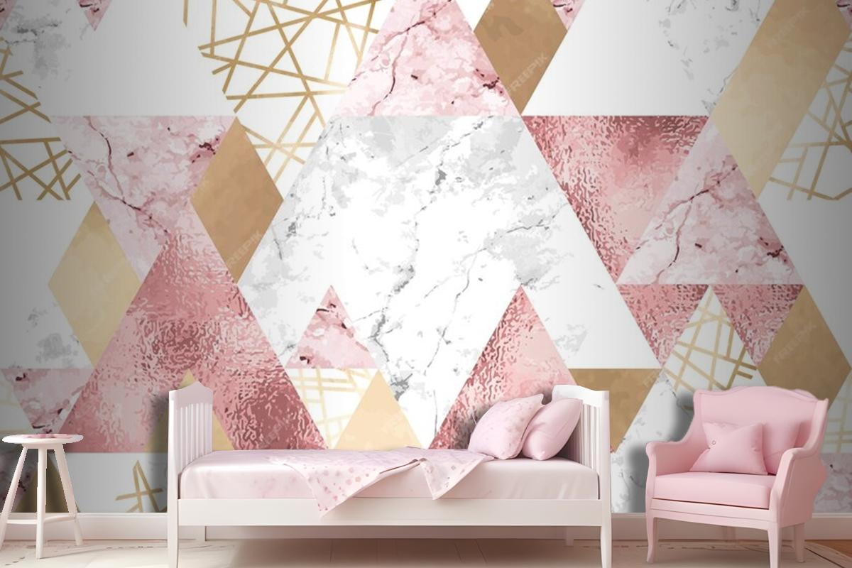 Seamless Geometric Pattern With Metallic Lines Rose Gold Gray And Pink Marble Triangles Wallpaper Mural