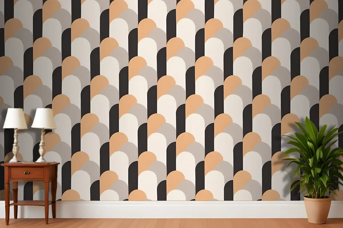 Seamless Geometric Pattern With Overlapping Semicircular Shapes In Shades Of Orange Gray And Black Wallpaper Mural