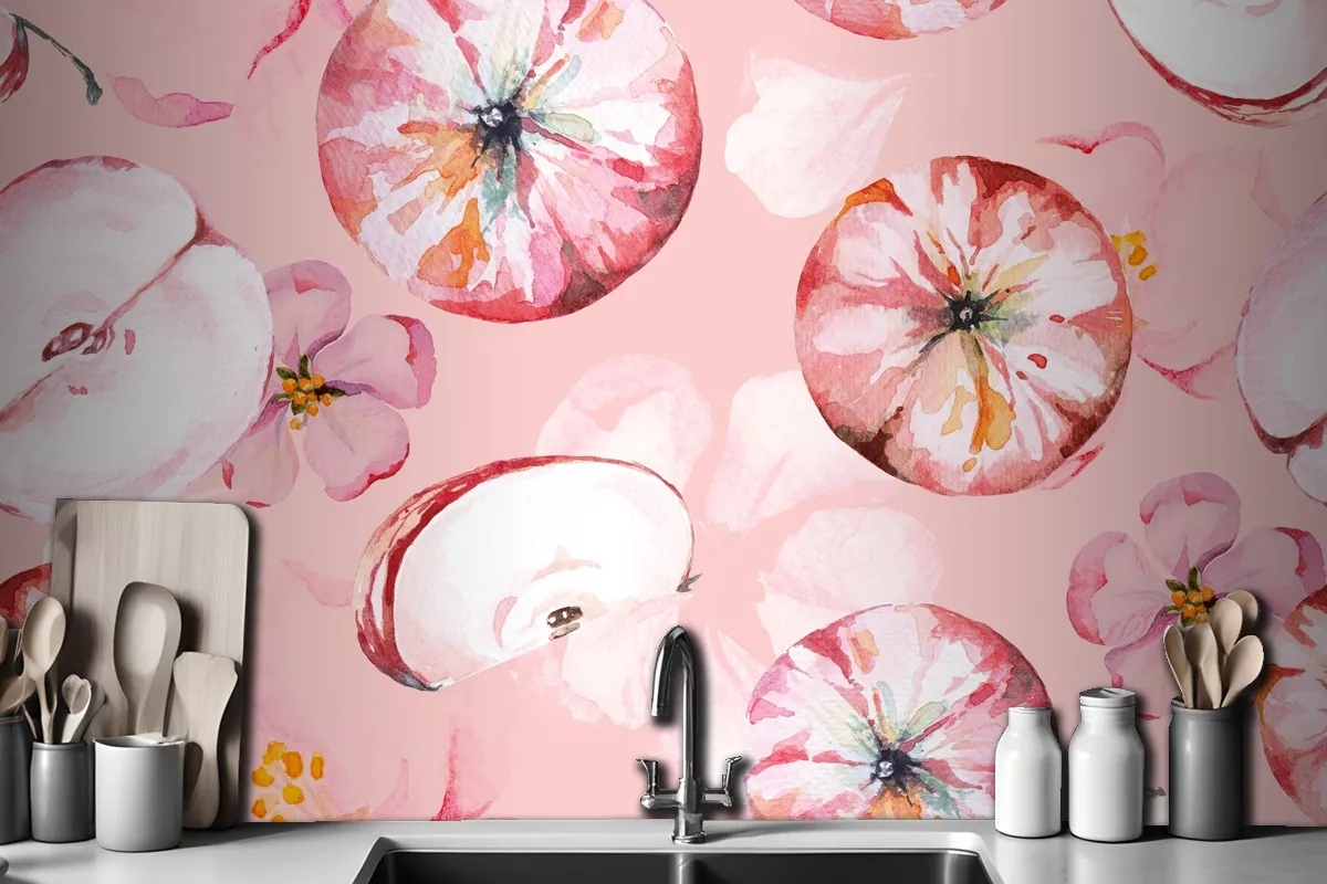 Seamless Pattern Apple And Flower Painted Wallpaper Mural