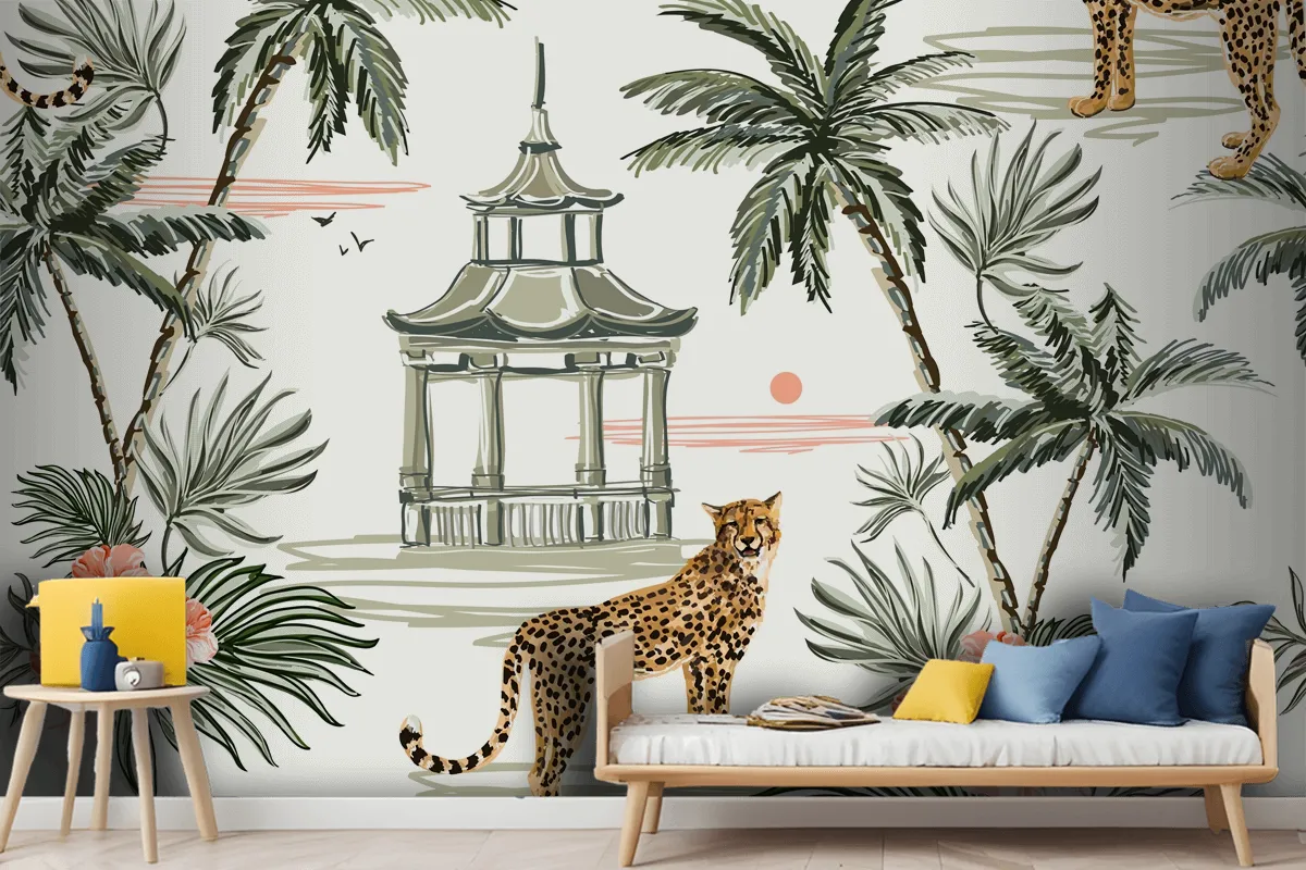 Seamless Pattern Background With Coconut Palm Trees Leopard Wallpaper Mural