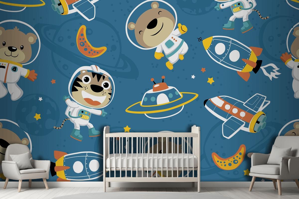 Seamless Pattern Of Funny Astronaut In Outer Space Transportation Wallpaper Mural