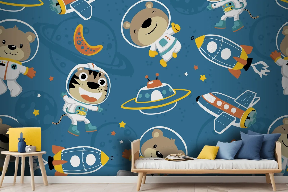 Seamless Pattern Of Funny Astronaut In Outer Space Transportation Wallpaper Mural