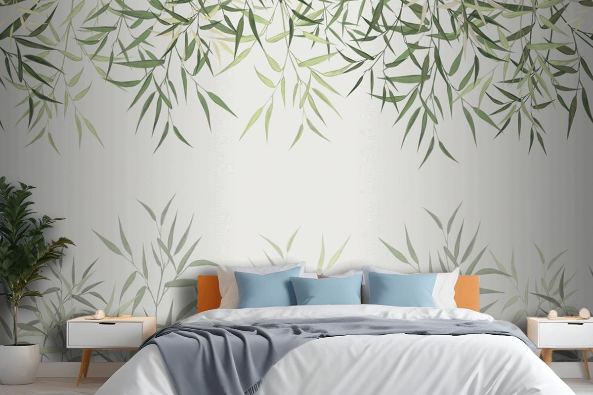 Seamless Pattern Of Reed Bamboo Leaves On A Light Background Wallpaper Mural