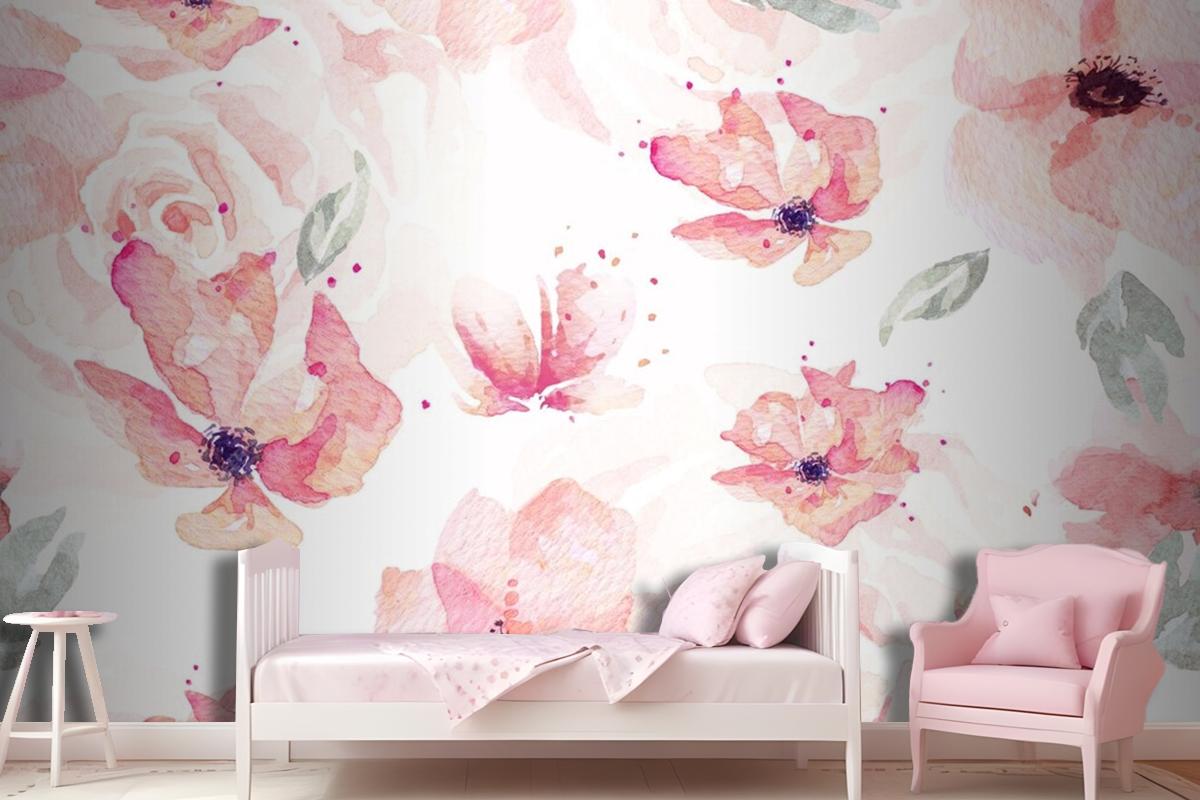 Seamless Pattern Of Rose And Orange Flowers Drawn Wallpaper Mural