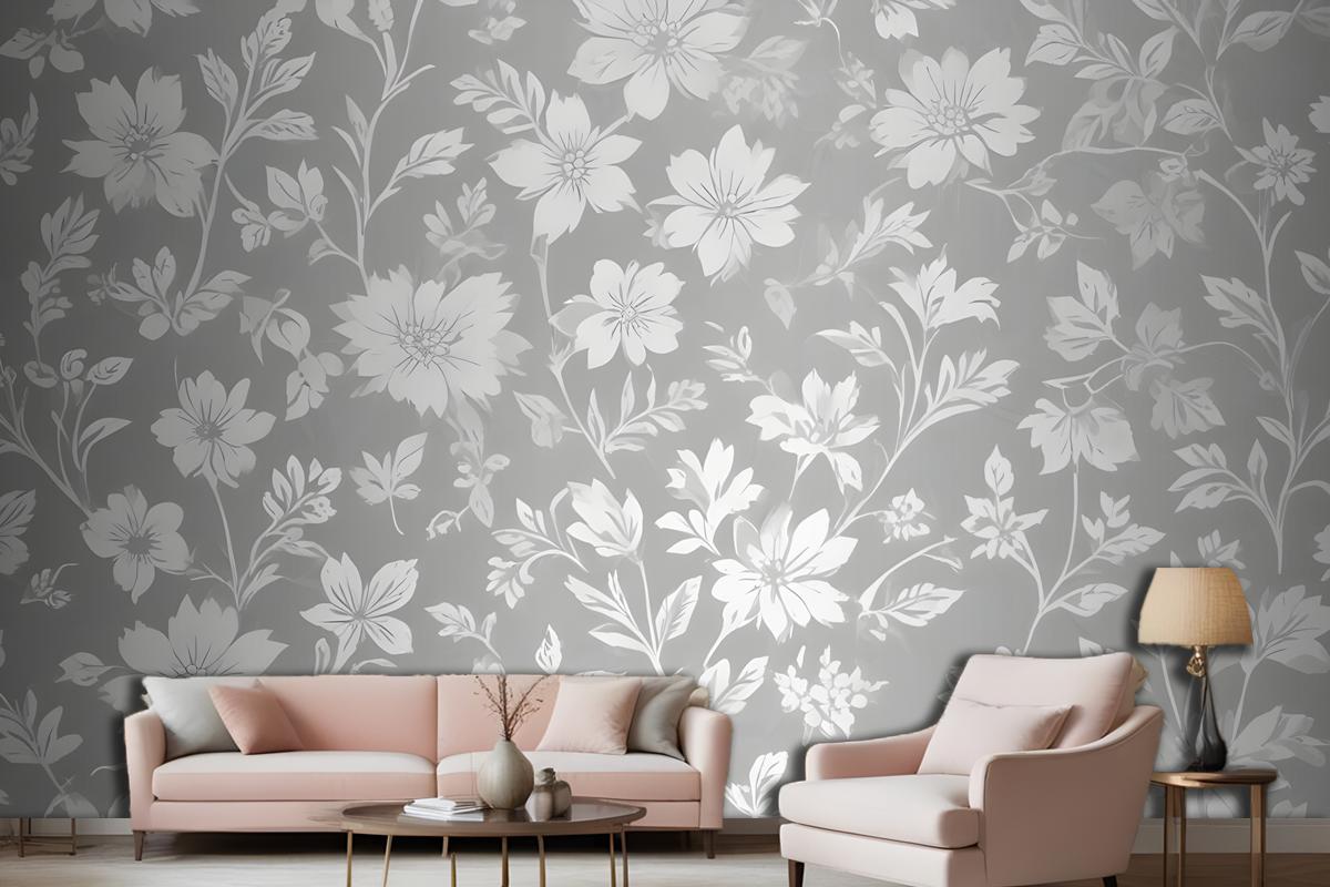 Seamless Pattern Of White Floral Silhouettes On A Light Gray Wallpaper Mural