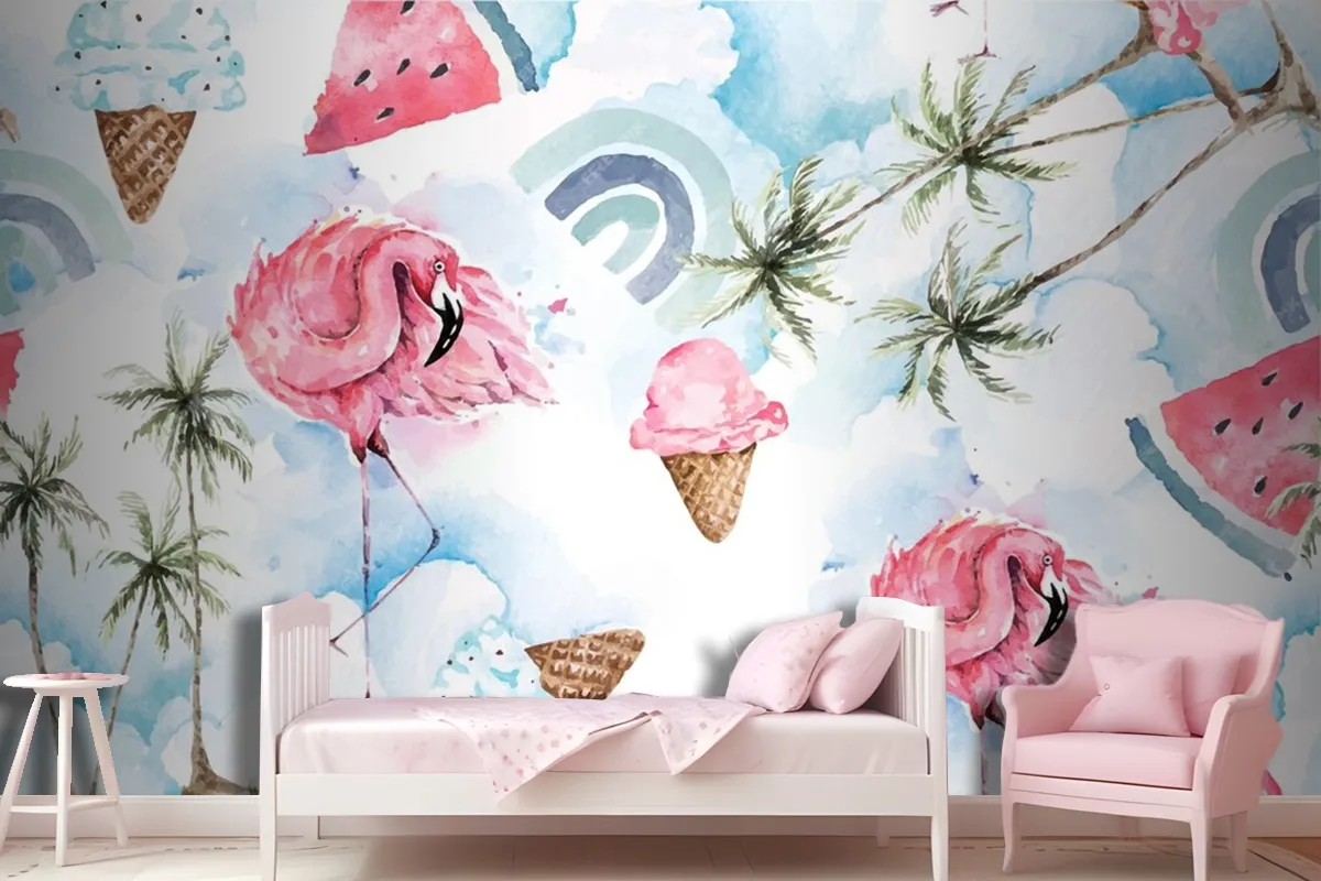 Seamless Pattern Palm Tree And Flamingo Wallpaper Mural